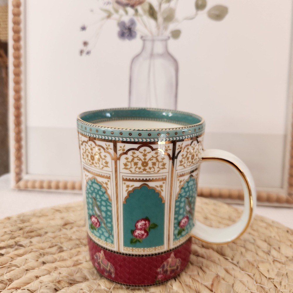 Good Earth Serai Fine Bone China Mug 24ct Gold Mughal Elephant Rose India Teal